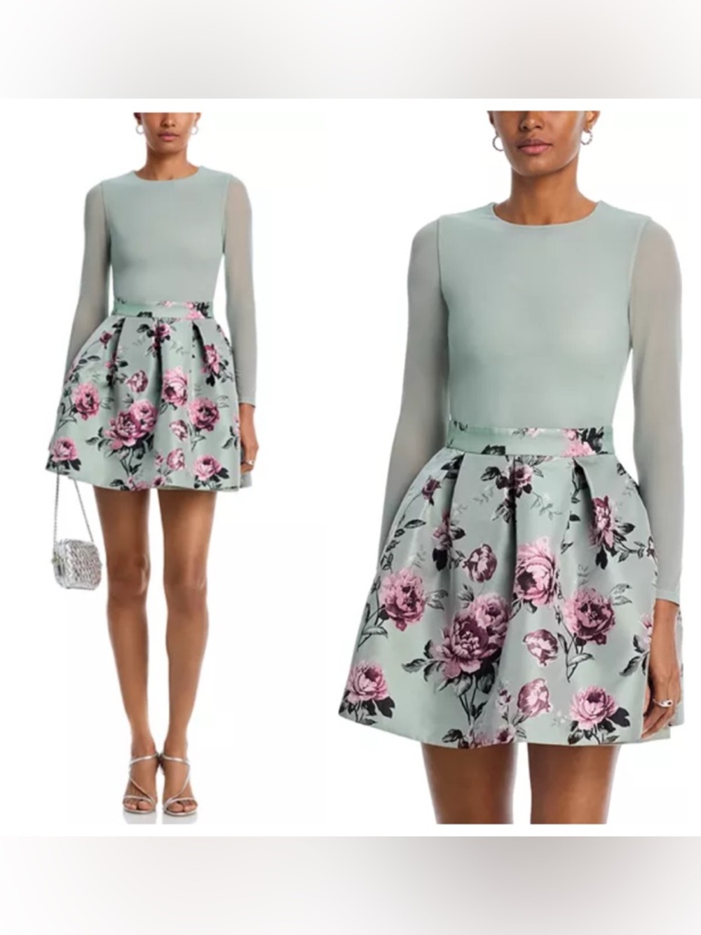 Alice + Olivia Chara Pleated Party Dress Sage Green Floral Mini Mesh NWT 8